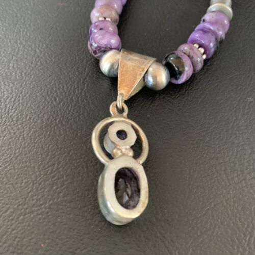 Navajo Purple Charoite and Amethyst Pendant Necklace | Authentic Native American Sterling Silver | Multi-Stone | 22" | 13412