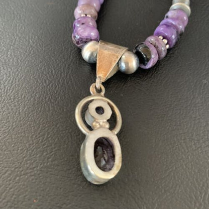 Navajo Purple Charoite and Amethyst Pendant Necklace | Authentic Native American Sterling Silver | Multi-Stone | 22" | 13412