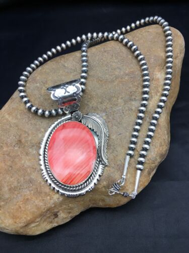 Navajo Red Spiny Oyster Pendant Necklace Set | Sterling Silver | Authentic Native American Handmade | Yazzie | 2879