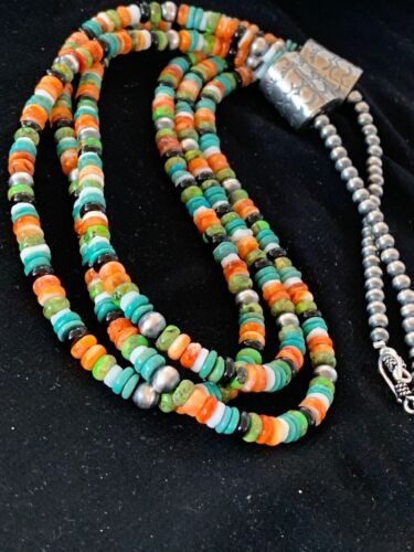 Navajo Green Turquoise, Lapis & Spiny Oyster Necklace | Sterling Silver | Authentic Native American Handmade | 3238