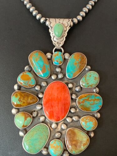 Navajo Royston Turquoise Spiny Oyster Multi-Stone Cluster Necklace | Authentic Native American Sterling Silver XL Pendant | 3237