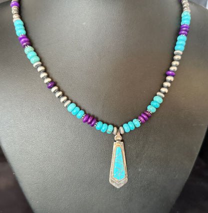 Navajo Blue Turquoise Sugilite Pendant | Sterling Silver Inlay Necklace | Authentic Native American Handmade | 14641