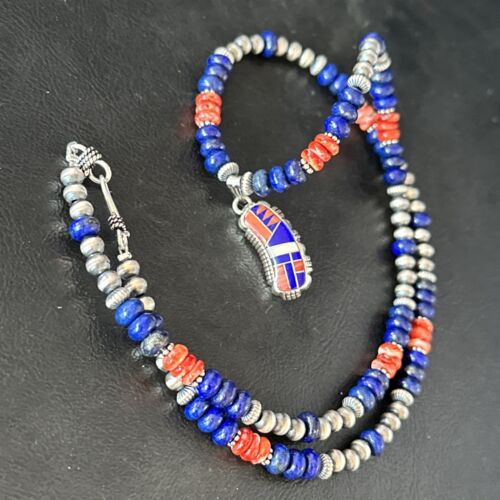 Navajo Blue Lapis Spiny Oyster Necklace Pendant | Sterling Silver Inlay | Authentic Native American Handmade | 14617
