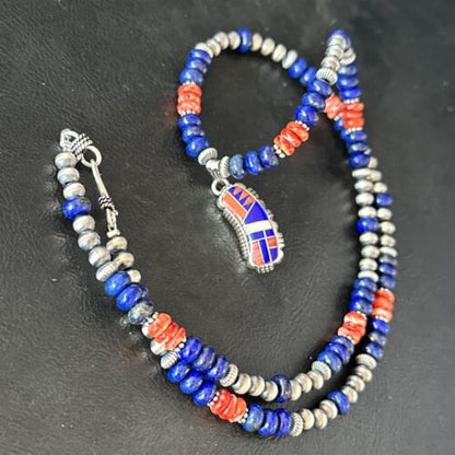 Navajo Blue Lapis Spiny Oyster Necklace Pendant | Sterling Silver Inlay | Authentic Native American Handmade | 14617