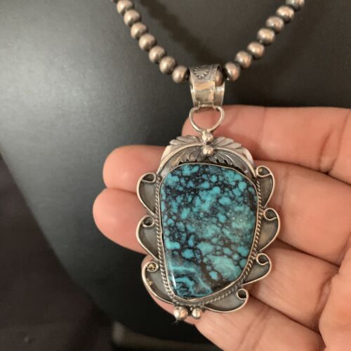 Navajo Spiderweb Turquoise Pendant Necklace | Sterling Silver | 2.25" | Authentic Native American Handmade | 13978