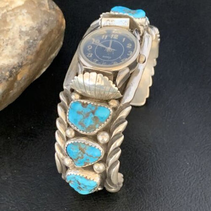 Navajo Sterling Silver Watch Cuff Bracelet | Blue Kingman Turquoise | Authentic Native American Jewelry | 13711