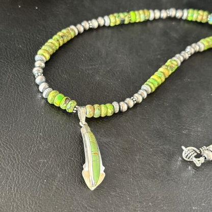 Navajo Green Turquoise Pendant Necklace | Sterling Silver | 22" | Authentic Native American Handmade | 14612