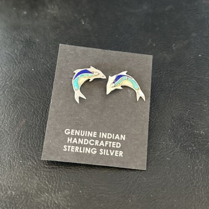 Navajo Multi-Color Dolphin Earrings | Turquoise Lapis Inlay | Sterling Silver | Authentic Native American Handmade | 14657