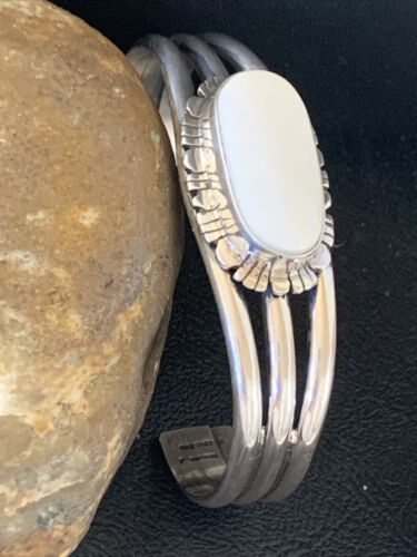 Navajo White Buffalo Turquoise Cuff Bracelet | Sterling Silver | Authentic Native American Handmade | 1423