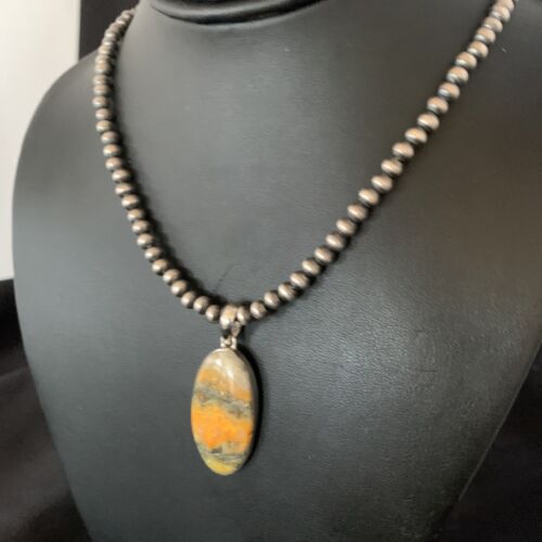 Navajo Yellow Bumblebee Jasper Pendant Necklace | Sterling Silver | Authentic Native American Handmade | 12809