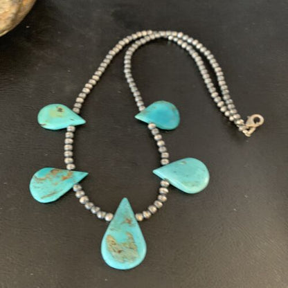 Navajo Teardrop Blue Turquoise Necklace | Sterling Silver Pearls | 20" | Authentic Native American Handmade | 13967