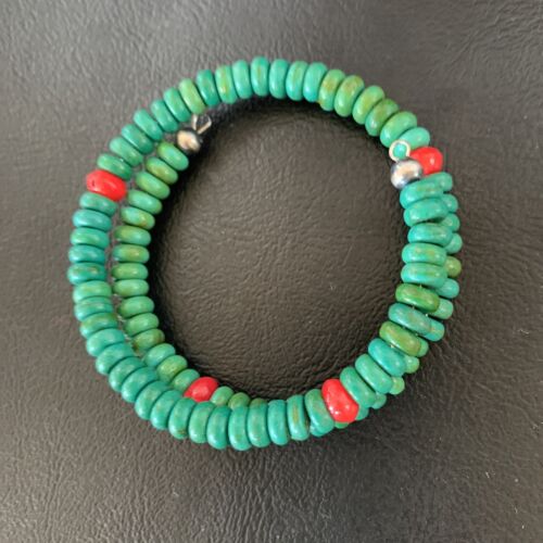 Navajo Coral Green Turquoise Bracelet | Stainless Steel Memory Wire | Authentic Native American Handmade | 13313