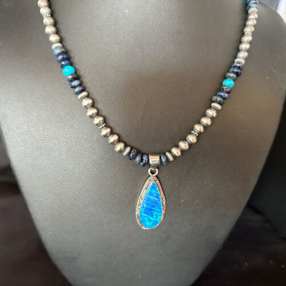 Blue Turquoise Lapis Necklace with Opal Pendant | Navajo Sterling Silver | Authentic Native American Handmade | 14367