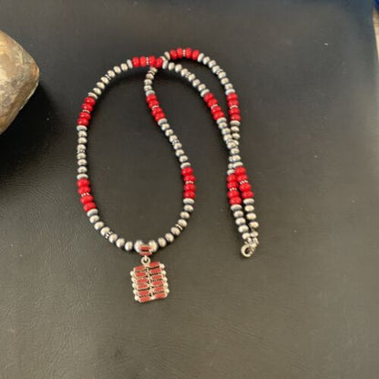 Southwestern Zuni Red Coral Corn Inlay Necklace Pendant | Sterling Silver | 21" | 12588