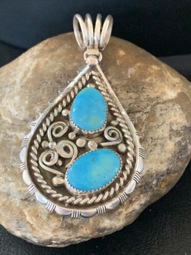 Navajo Blue Turquoise Cluster Pendant | Sterling Silver | 3" | Authentic Native American Handmade | 02103