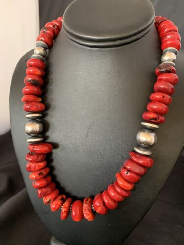 Navajo Red Coral Bead Necklace | Sterling Silver | 20" | Authentic Native American Handmade | 13375