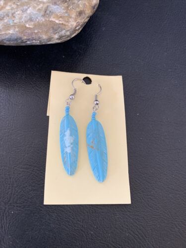 Navajo Turquoise Feather Slab Earrings | Sterling Silver Dangle | Authentic Native American Handmade | 12008