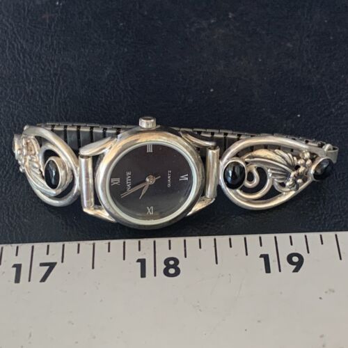 Authentic Navajo Sterling Silver Watch Tips with Black Onyx Band | Women's Feather Design | Native American Jewelry | 14042