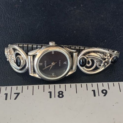 Authentic Navajo Sterling Silver Watch Tips with Black Onyx Band | Women's Feather Design | Native American Jewelry | 14042