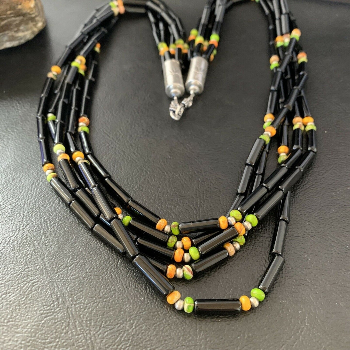 Navajo Black Onyx Spiny Turquoise Bead Necklace with Pendant | Sterling Silver | 22" | 10922
