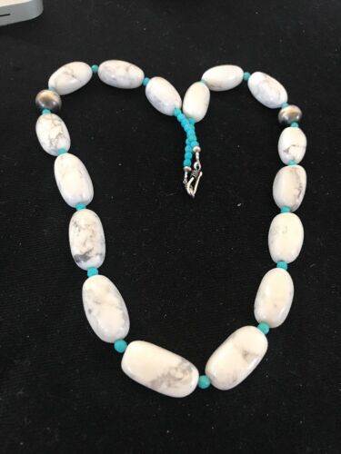 Navajo White Howlite Turquoise Beads Necklace | Sterling Silver | 22" | Authentic Native American Handmade | 10241