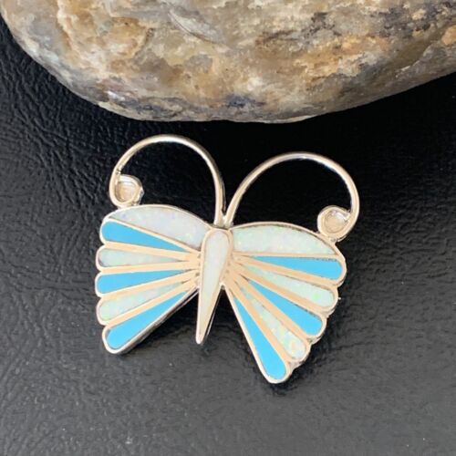 Zuni Blue Turquoise White Opal Butterfly Necklace Pin Pendant | Sterling Silver | 11972