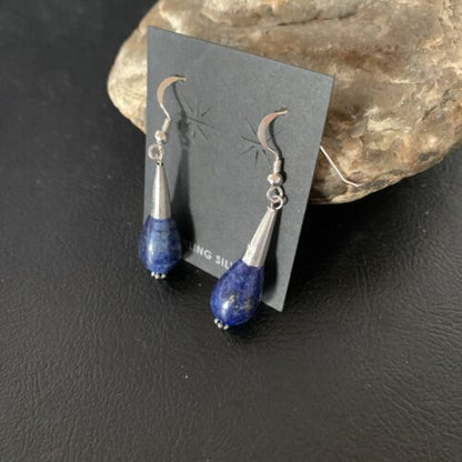 Navajo Lapis Lazuli Bead Dangle Earrings | Sterling Silver | 1" | Authentic Native American Handmade | 13330