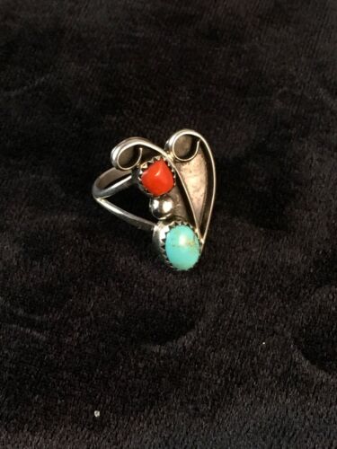 Navajo Turquoise & Coral Ring | Authentic Native American Sterling Silver | Multi-Stone | Sz 6.5 | 8714