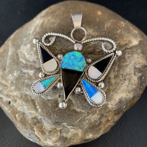 Zuni Butterfly Opal Mother of Pearl Onyx Inlay Pendant Necklace | Sterling Silver | 14207