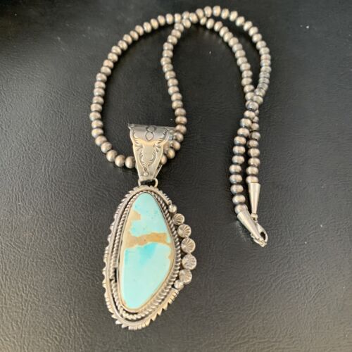 Men's Blue Royston Turquoise Pendant | Sterling Silver | 3" | Authentic Native American Handmade | 13938