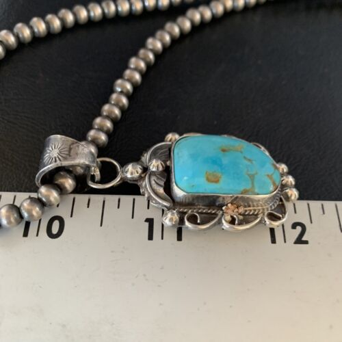 Men's Blue Kingman Turquoise Necklace Pendant | Sterling Silver Navajo Pearls | 13764