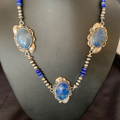 Navajo Pearls Necklace with 3 Stone Blue Denim Lapis Pendant | Sterling Silver | Native American Handmade | 10821