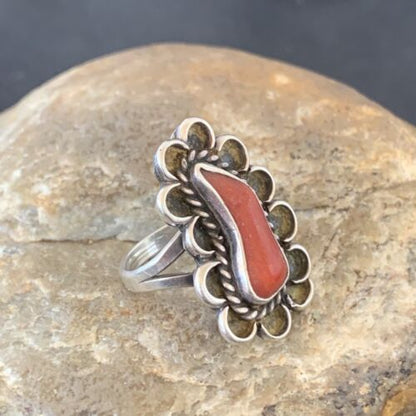 Native American Old Pawn Navajo Red Coral Ring | Sterling Silver | Sz 6 | 10369