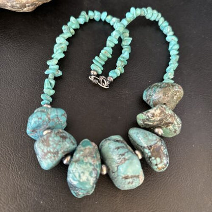 Navajo Chunky Blue Turquoise Nugget Necklace | Sterling Silver | Authentic Native American Handmade | 20" | 14415