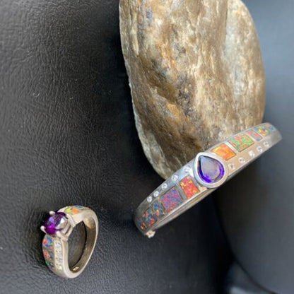 Navajo Sterling Silver Bracelet with Opal and Amethyst | 7" | Ring Sz 6 | Native American Handmade | 13120