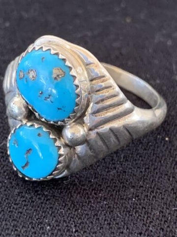 Southwestern Navajo Kingman Turquoise Ring 2 Stone Sterling Silver Size 14 105