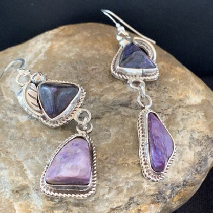 Navajo Purple Charoite Dangle Earrings | Sterling Silver | Authentic Native American Handmade | 01222