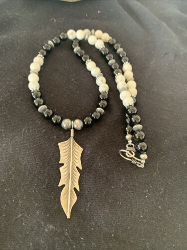 Navajo Feather Pendant | Black Onyx & Howlite | Sterling Silver Necklace | Authentic Native American Handmade | 01101