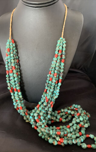 Men's Santo Domingo Blue Turquoise Coral Necklace | 36" Bead Nugget | Authentic Native American Handmade | 13185