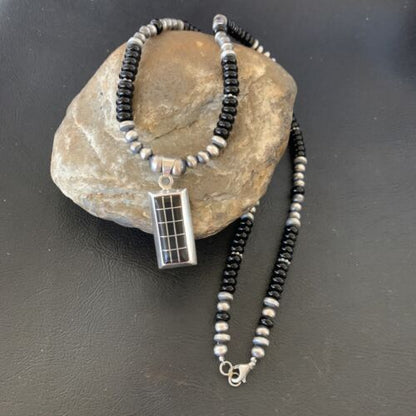 Navajo Black Onyx Inlay Pendant | Sterling Silver Necklace with Pearls | Authentic Native American Handmade | 12282