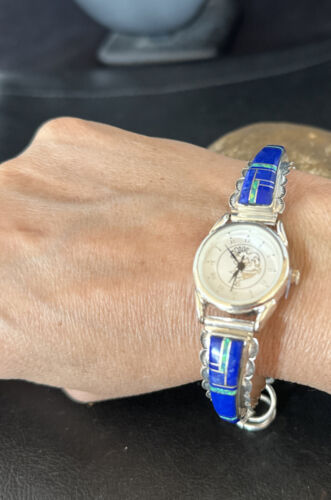 Authentic Navajo Blue Lapis & Opal Inlay Wristwatch | Sterling Silver Tips | Native American Jewelry | 14394