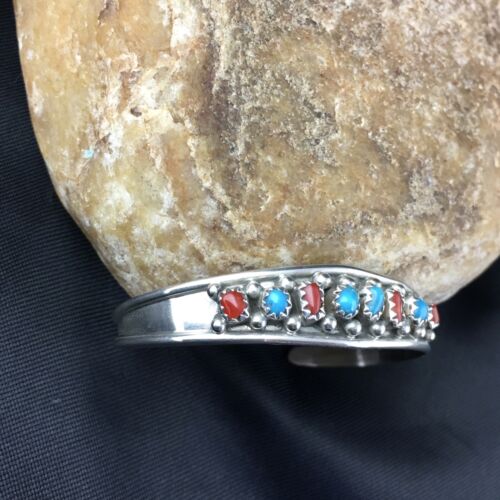 Navajo Children's Blue Turquoise Coral Cuff Bracelet | Sterling Silver | 4" | 10248