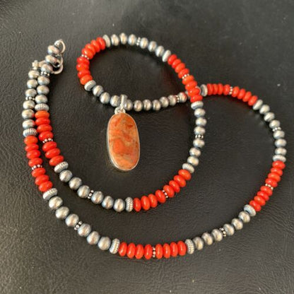 Navajo Red Apple Coral Necklace Pendant Naja | Sterling Silver | Authentic Native American Handmade | 13932