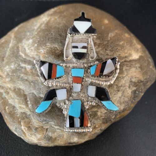 Authentic Native American Zuni Kachina Pin Pendant Necklace | Sterling Silver with Turquoise, Mother of Pearl & Onyx Inlay | 13687