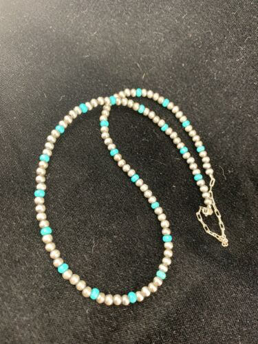 Navajo Pearls 4mm Turquoise Bead Necklace | Sterling Silver | 14" Single Strand | Native American Artisan