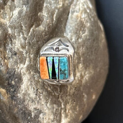 Navajo Sterling Silver Turquoise Spiny Oyster Inlay Ring | Sz 8.5 | Multi-Color | 14747 - Masha USA