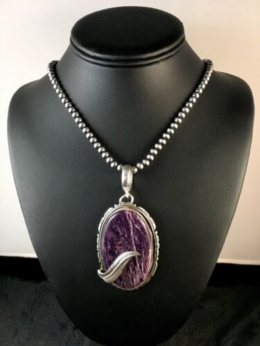 Navajo Charoite Feather Pendant | Sterling Silver Pearls Necklace | Authentic Native American Handmade | 8739