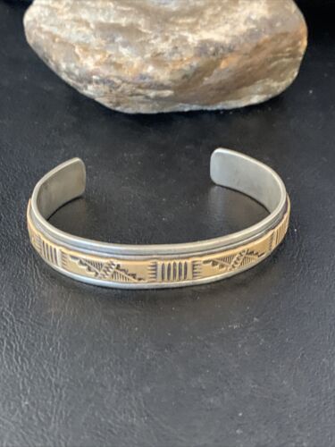 Men's Navajo Handmade Stamped Sterling Silver Cuff Bracelet with 12K Gold | Authentic Native American | 13676