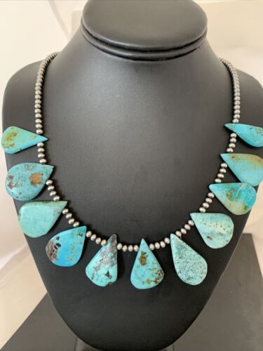 Authentic Native American Navajo Pearls Necklace | Sterling Silver & Blue Turquoise | 1451