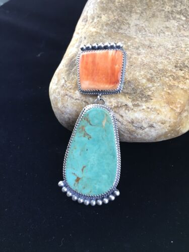 Navajo Blue Turquoise & Spiny Oyster Necklace Pendant | Sterling Silver | Native American Handmade | 10065